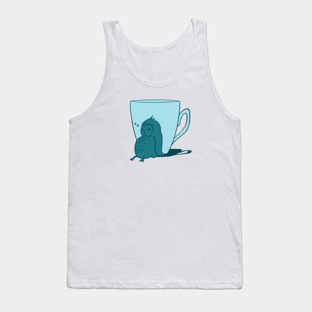 Sleepy Owl and Cup Teal Tank Top by AuroraCelestine